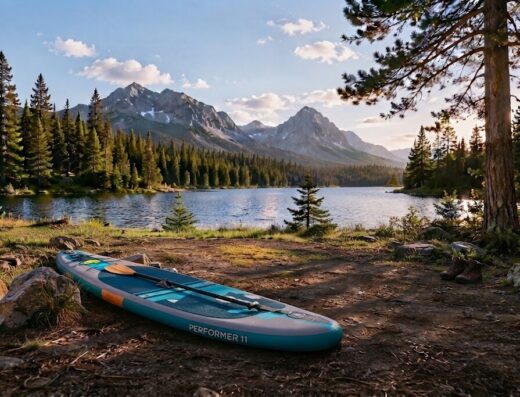 Body Glove Performer 11 inflatable stand-up paddle board with paddle and leash set up on a shoreline near a mountain lake