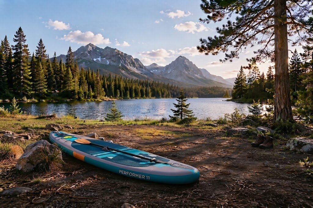 Body Glove Performer 11 inflatable stand-up paddle board with paddle and leash set up on a shoreline near a mountain lake